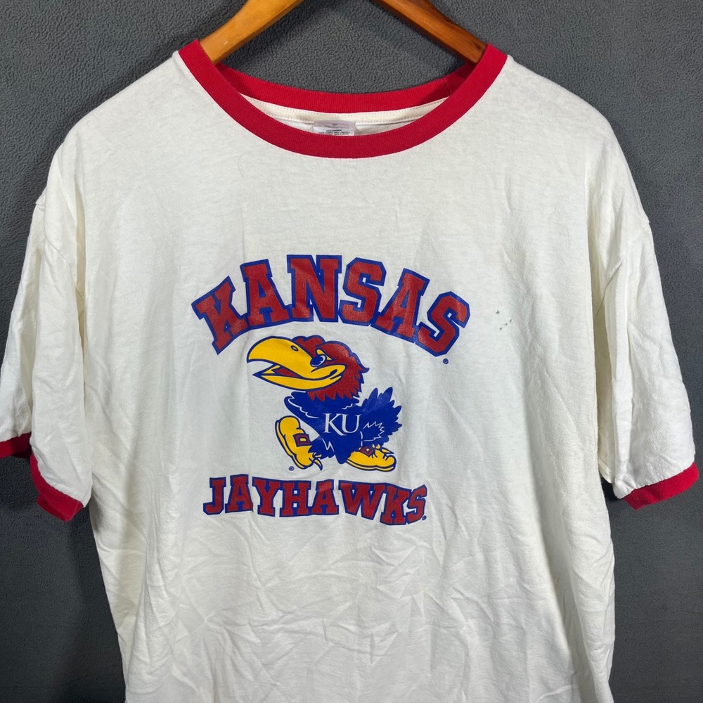 Anvil Kansas Jayhawks Ringer T-Shirt Mens XL White Red Vintage Collegiate - Picture 4 of 8